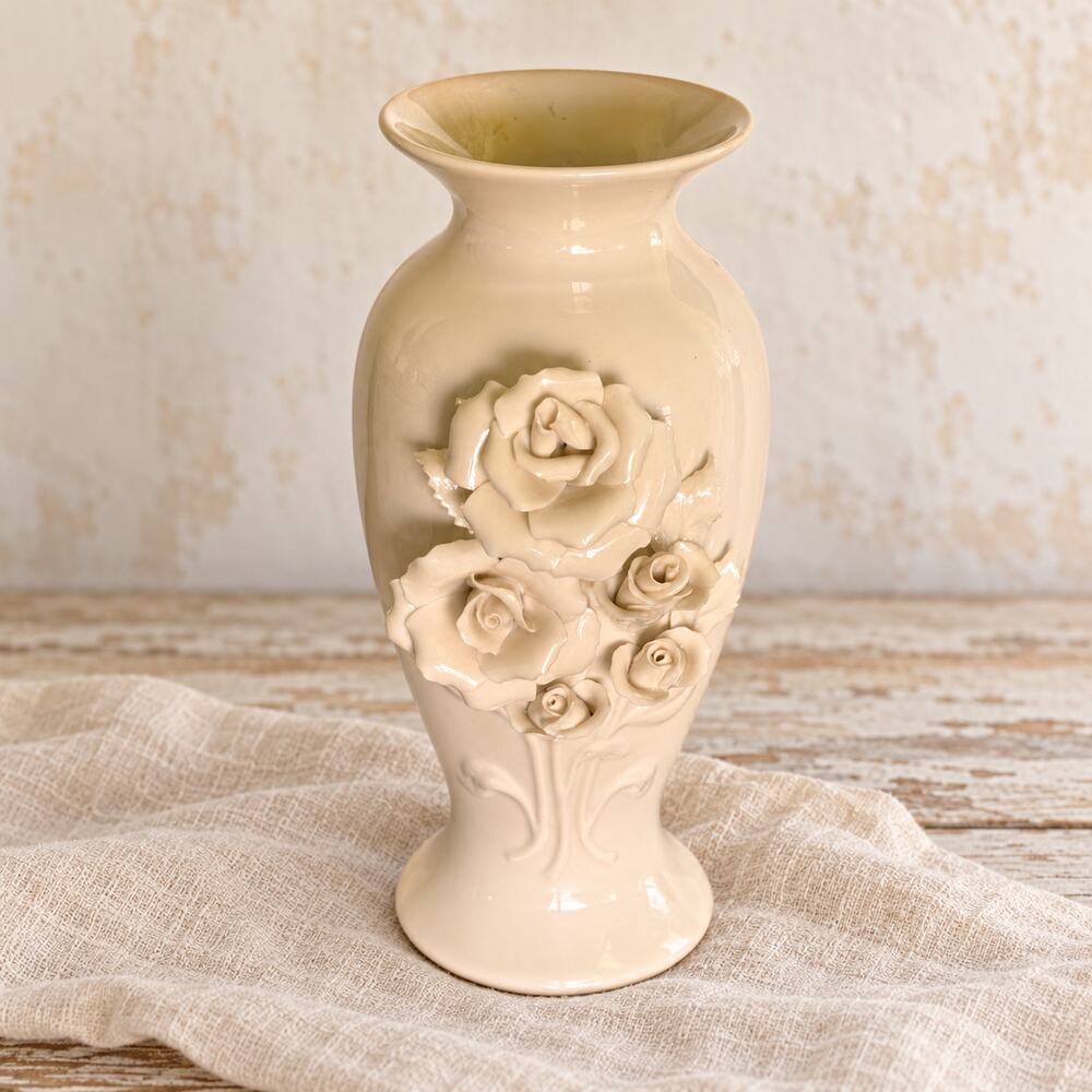 Princess House Ivory Porcelain Rose Vase Raised Floral Cottage Decor Approx. 10”
